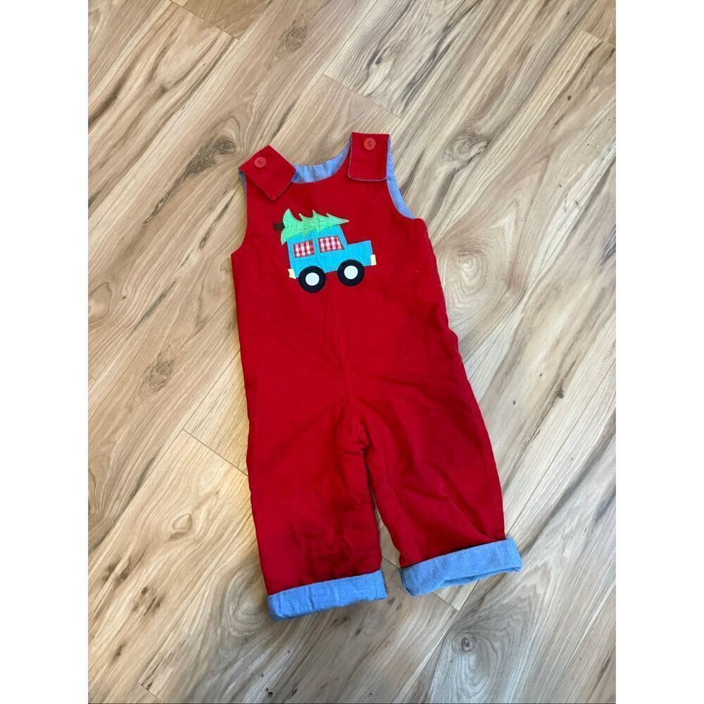 Vintage 90s Boys Red Corduroy Reversible Embroidered Christmas Romper Size 24mo
